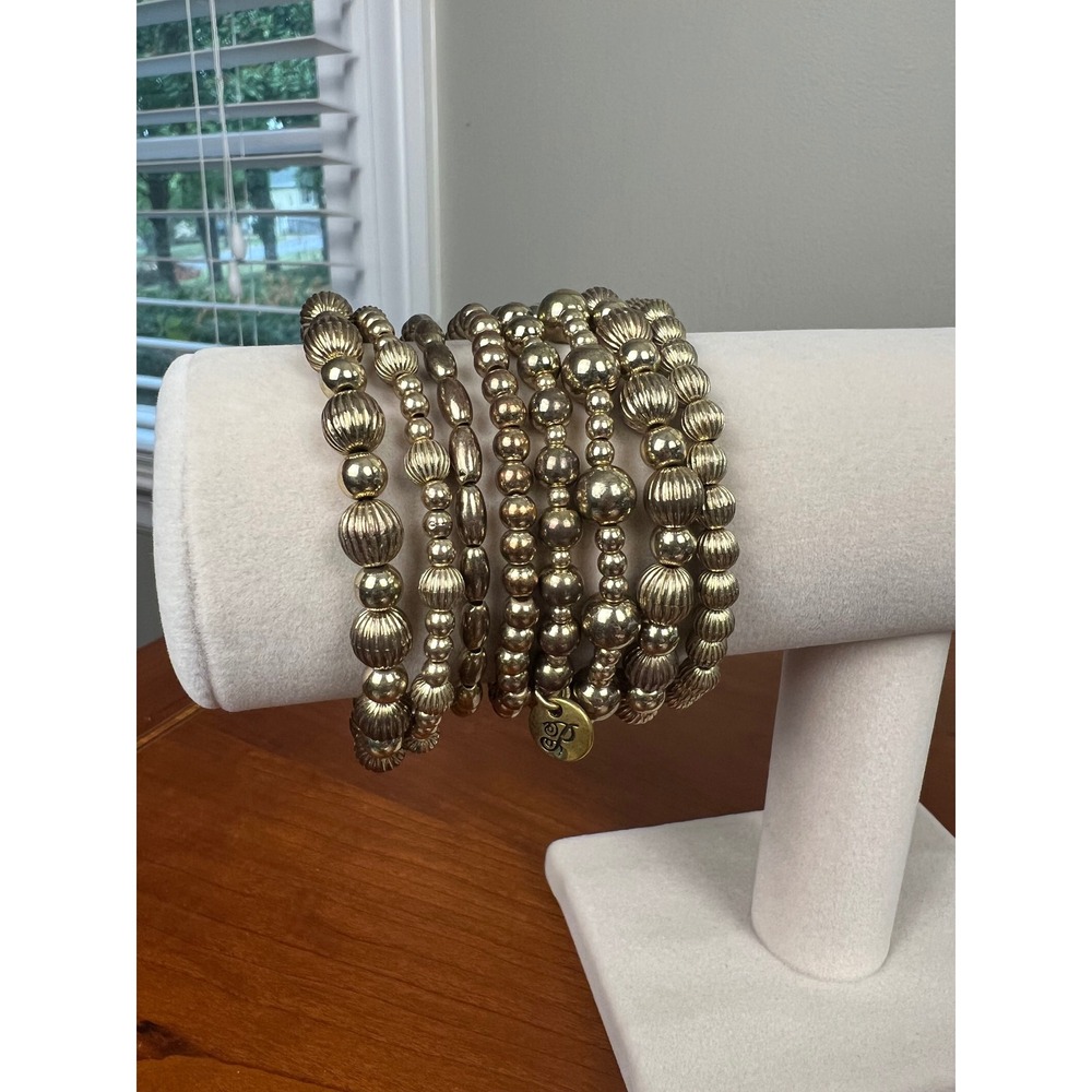 Plunder Design Antique Gold Beaded Stretch Bracelet Lot of 8 Stackable Boho
